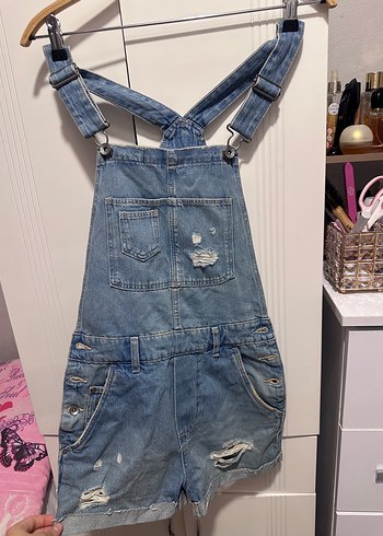 Kadın Mavi Denim Askılı Kısa Tulum