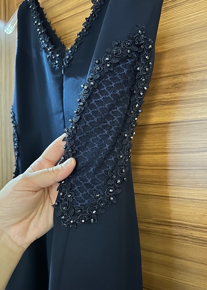 Lacivert abiye dantelli transparan - Görsel 3