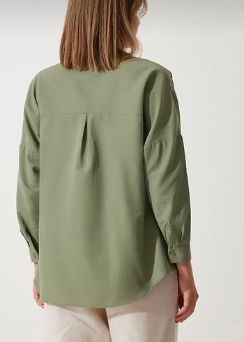Kadın Haki V Yaka Uzun Kollu Salaş Gömlek - Görsel 2