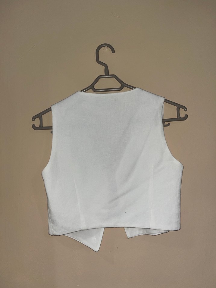 Düğmeli Beyaz Keten Kadın Yelek - Görsel 2