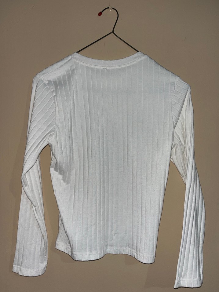 Beyaz Pilili Uzun Kollu Kadın Keten Kazak - Görsel 2