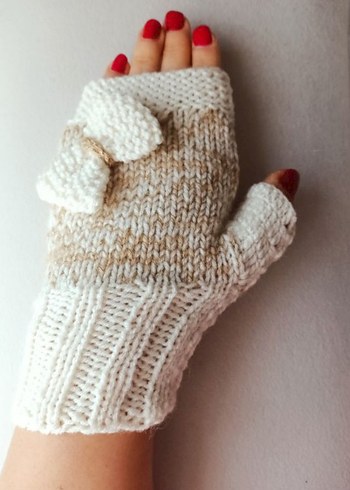 Beyaz Örgü Parmaksız Kadın Eldiveni - Görsel 3