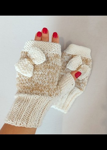 Beyaz Örgü Parmaksız Kadın Eldiveni - Görsel 2