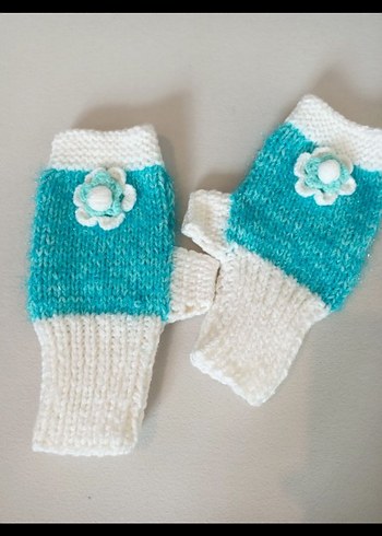 Turkuaz Çiçekli Örgü Parmaksız Eldiven - Görsel 4