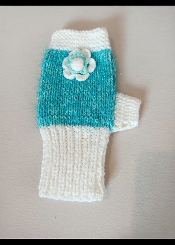 Turkuaz Çiçekli Örgü Parmaksız Eldiven - Görsel 6
