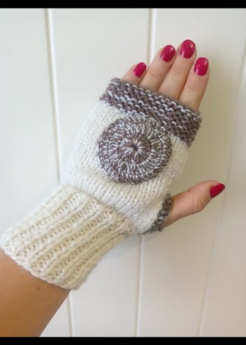 Bohem Gri-Beyaz Örgü Parmaksız Eldiven - Görsel 4