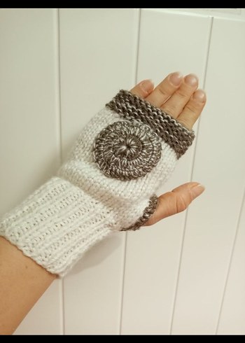 Bohem Gri-Beyaz Örgü Parmaksız Eldiven - Görsel 7