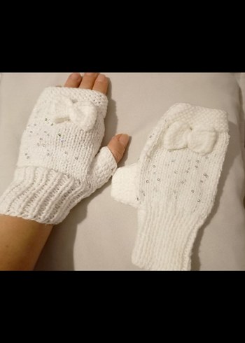 Yarım Parmak Örgü Kadın Eldiven Beyaz - Görsel 2