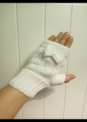 Yarım Parmak Örgü Kadın Eldiven Beyaz - Görsel 7