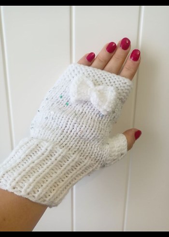 Yarım Parmak Örgü Kadın Eldiven Beyaz - Görsel 6