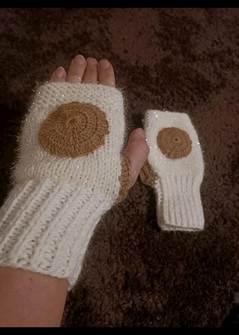 Beyaz Bohem Örgü Parmaksız Eldiven - Görsel 3