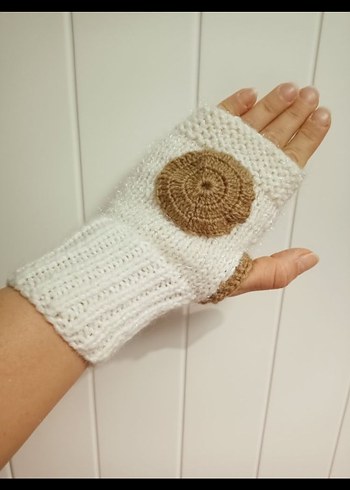 Beyaz Bohem Örgü Parmaksız Eldiven - Görsel 8