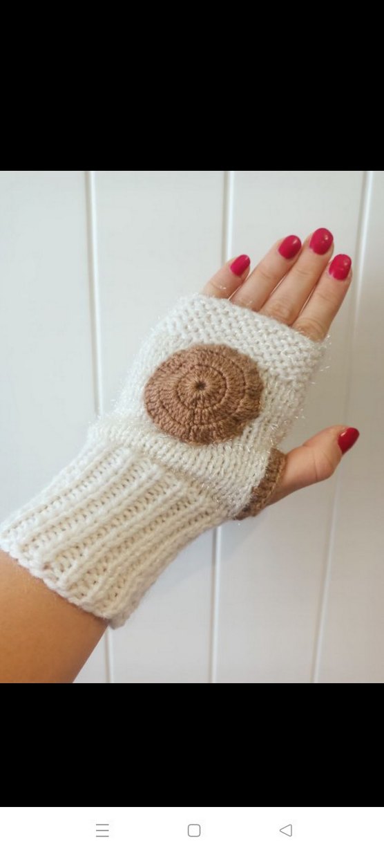Beyaz Bohem Örgü Parmaksız Eldiven - Görsel 4