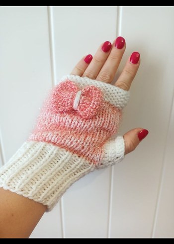 Beyaz-Pembe Örgü Bohem Kadın Eldiveni - Görsel 4
