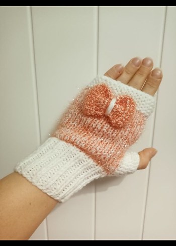 Beyaz-Pembe Örgü Bohem Kadın Eldiveni - Görsel 5