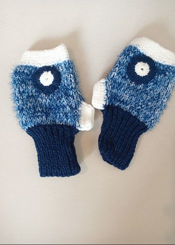 Mavi Örgü Parmaksız Kadın Eldiveni - Görsel 8