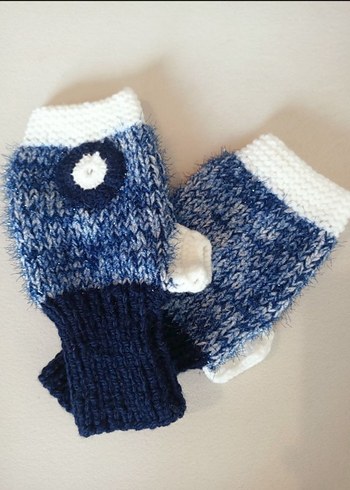 Mavi Örgü Parmaksız Kadın Eldiveni - Görsel 5