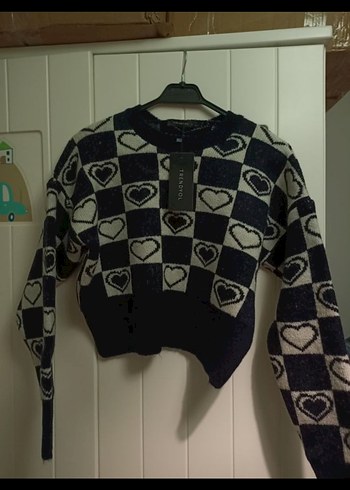 Trendyol Kareli Kalp Desenli Örgü Kadın Crop Kazak - Görsel 3