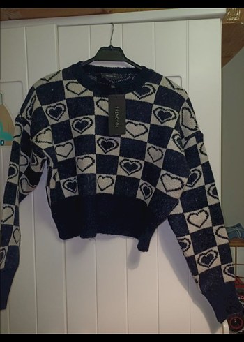 Trendyol Kareli Kalp Desenli Örgü Kadın Crop Kazak - Görsel 6