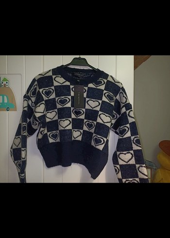 Trendyol Kareli Kalp Desenli Örgü Kadın Crop Kazak - Görsel 5