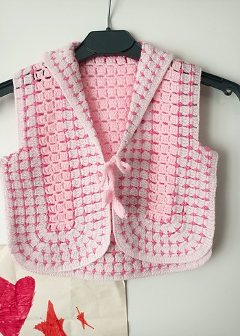 Kız Çocuk Pembe Örgü Yelek - Görsel 2