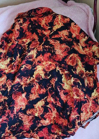xs Beden siyah Renk Düğmeli Siyah Turuncu Tie-Dye Geniş Kesim Gömlek