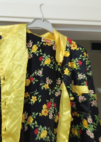 Sarı Detaylı Vintage Çiçekli Midi Kadın Sabahlık - Görsel 3