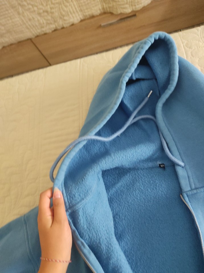 Mavi Kapüşonlu Fermuarlı Kadın Sweatshirt - Görsel 3