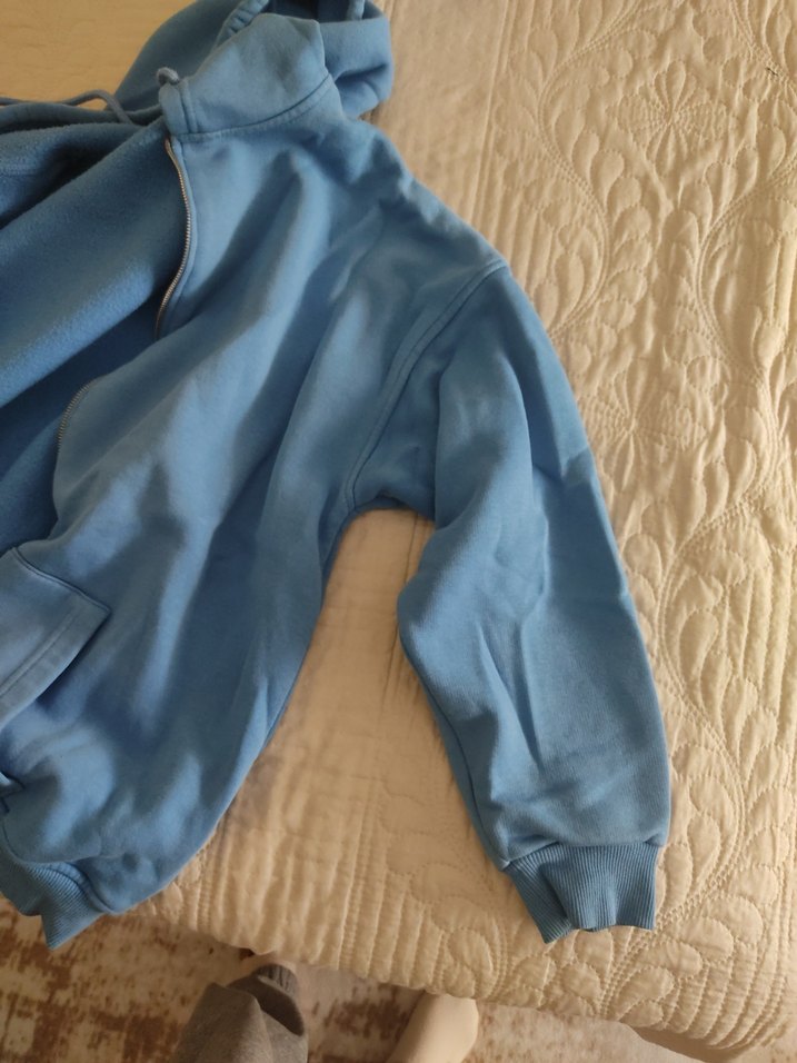 Mavi Kapüşonlu Fermuarlı Kadın Sweatshirt - Görsel 2