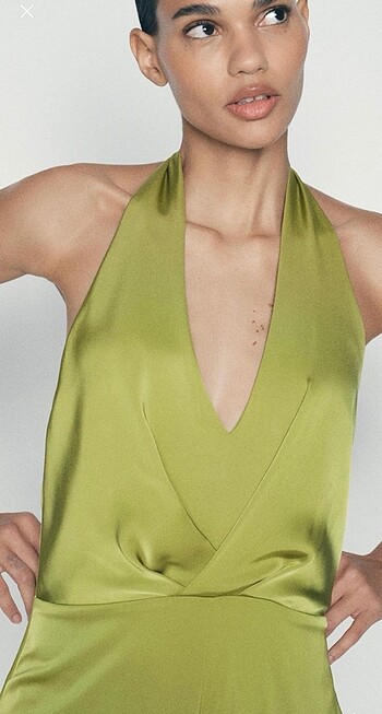 s Beden yeşil Renk Zara Saten Halter Yaka Tulum