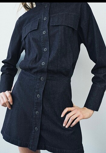 l Beden lacivert Renk ZW Collection Yama Cepli Denim Elbise