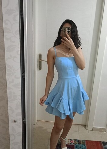 Bebek mavisi mini elbise