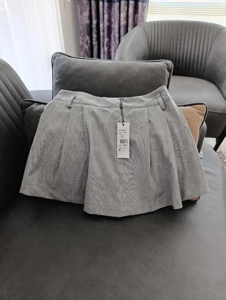 Addax Gri Keten Pilili Mini Etek - Görsel 2