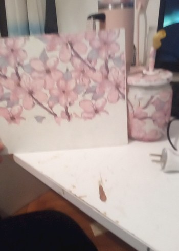 Pembe Pastel Çiçekli Tablo ve aynı ton lamba