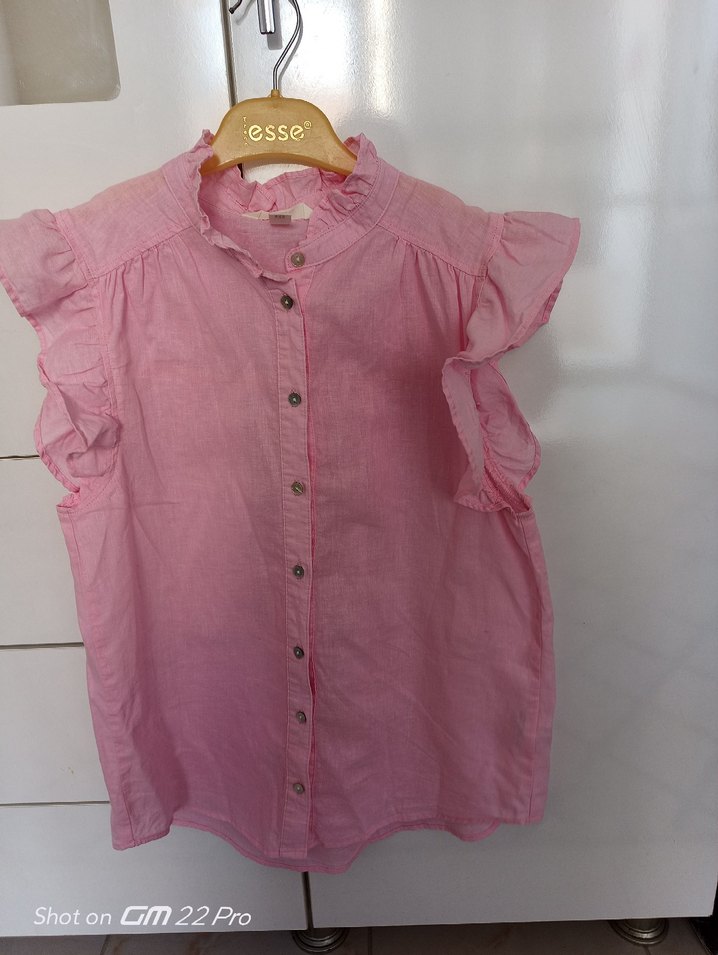 Pembe Keten Fırfırlı V Yaka Kadın Gömlek - Görsel 2