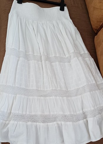 Beyaz Uzun Keten Etek Fırfırlı Bohem Stil