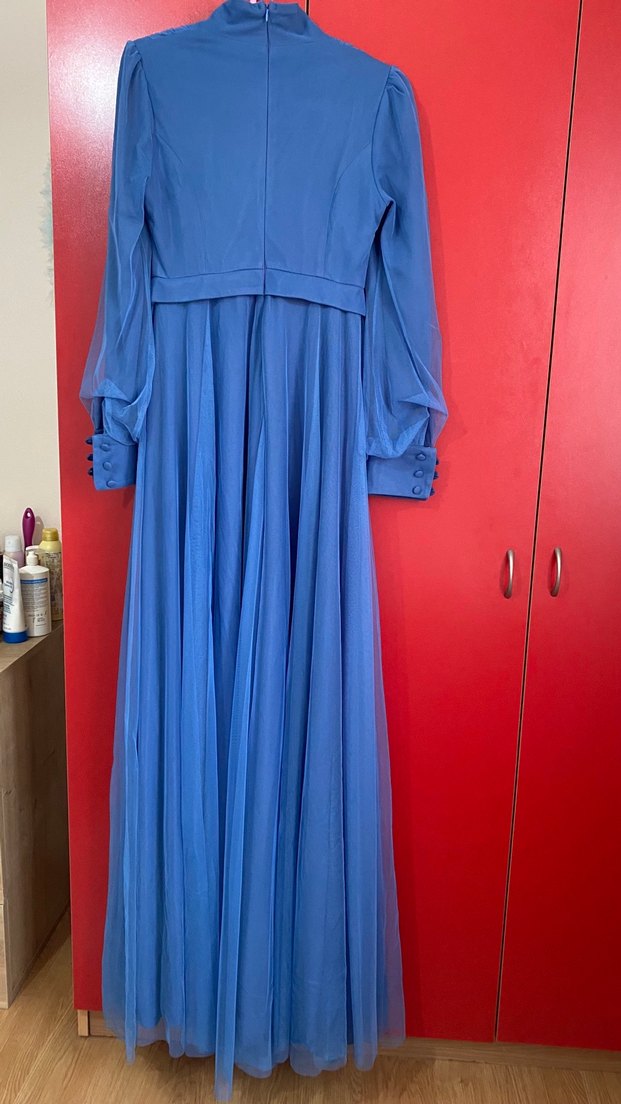 Mavi Uzun Kollu Drapeli Kadın Abiye - Görsel 3