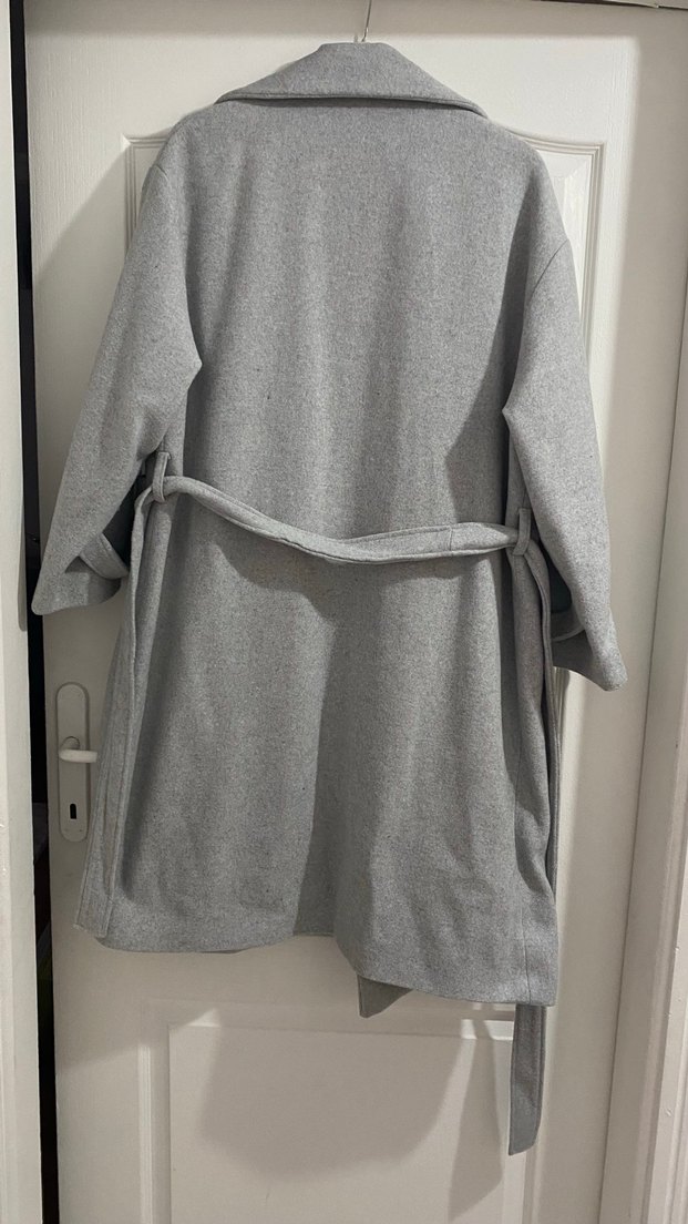 Gri Midi Boy Kemerli Kaban - Görsel 4