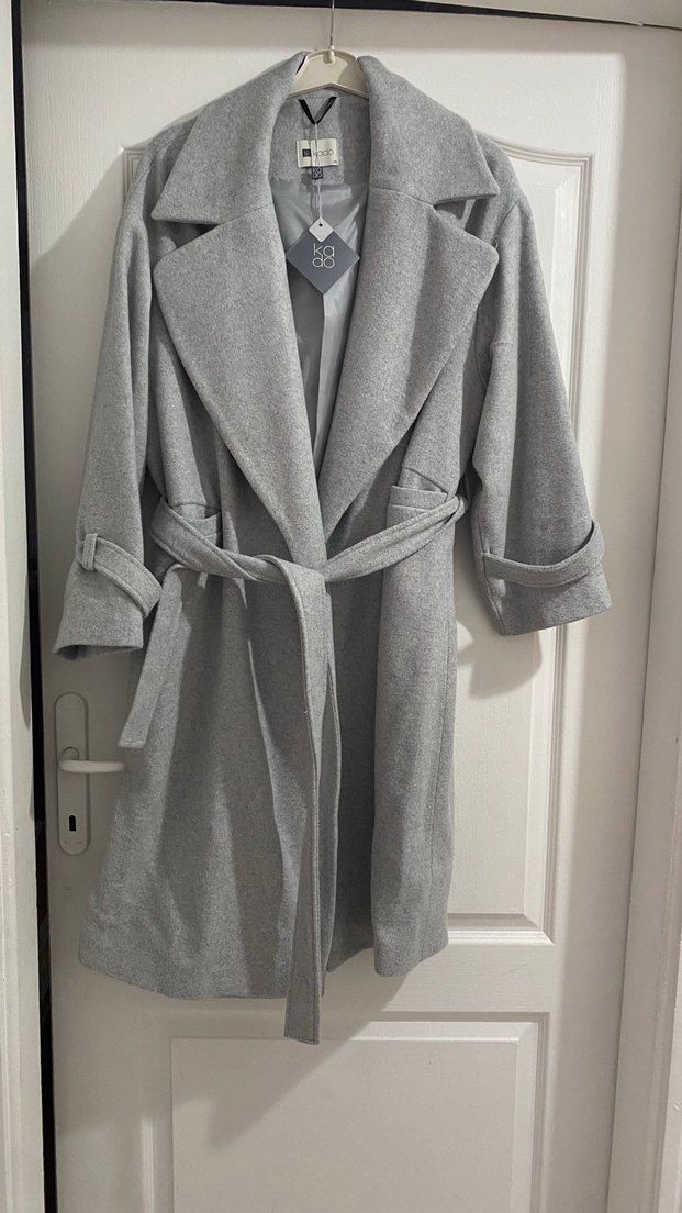 Gri Midi Boy Kemerli Kaban - Görsel 2