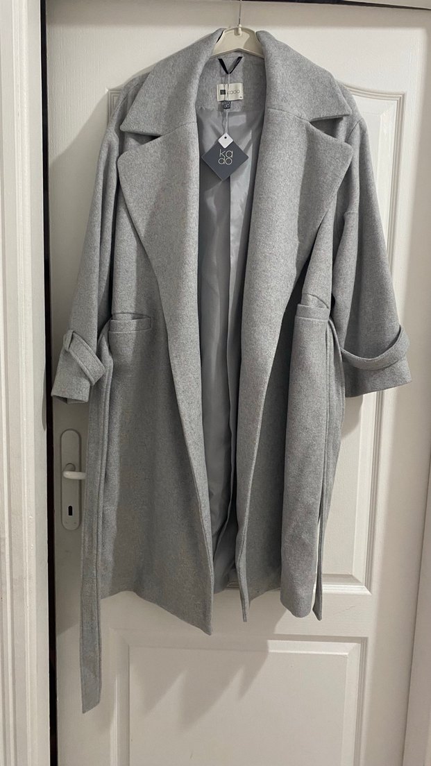 Gri Midi Boy Kemerli Kaban - Görsel 3