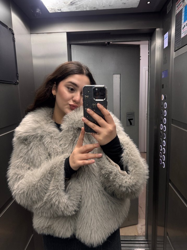 Gri Kadın Suni Kürk Midi Ceket - Görsel 2