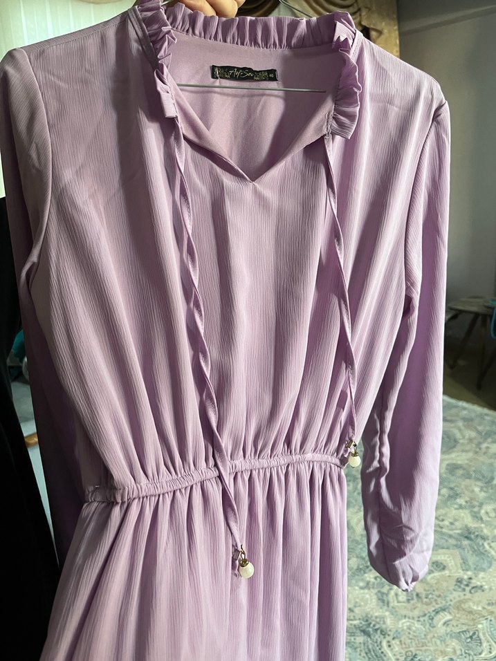 Uzun Lila Fırfırlı Bohem Elbise - Görsel 3