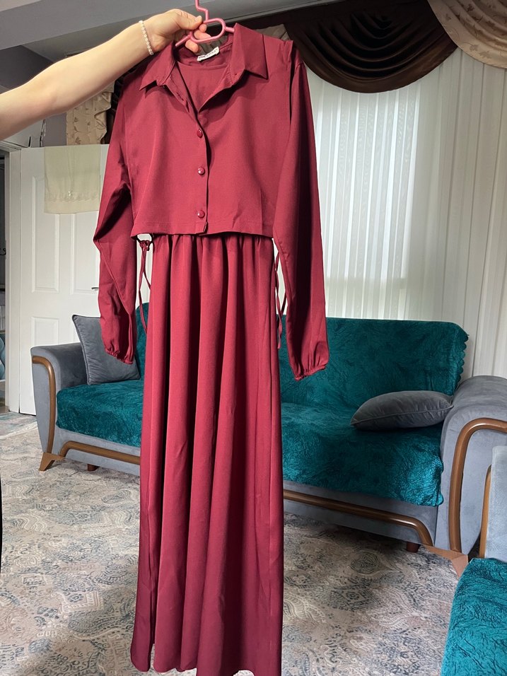 Bordo Uzun Kollu Yüksek Yakalı Kadın Elbise - Görsel 2