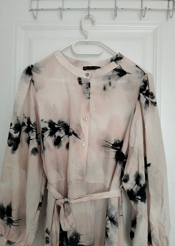 Pembe Uzun Kol Bağlama Desenli Uzun Elbise - Görsel 2