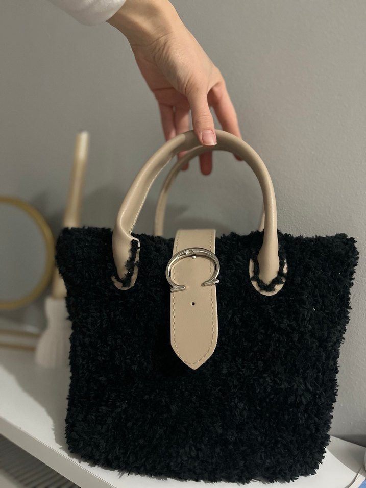 Siyah Örgü Kumaş Kadın Çanta - Görsel 4