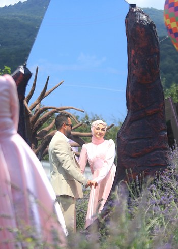 m Beden pembe Renk Pudra Pembe Uzun Drapeli Tesettür Abiye
