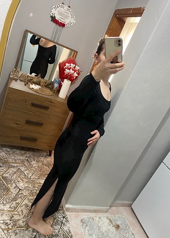 Siyah Uzun Kollu V Yaka Uzun Elbise - Görsel 6