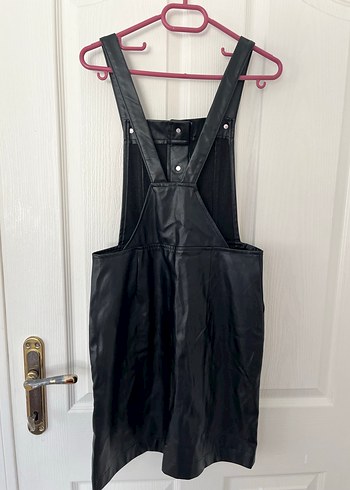 Düğmeli Siyah Deri Midi Kadın Salopet - Görsel 2