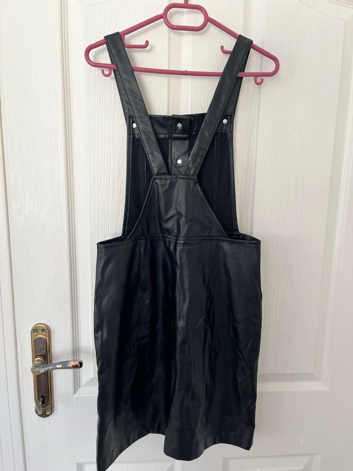 Düğmeli Siyah Deri Midi Kadın Salopet - Görsel 2