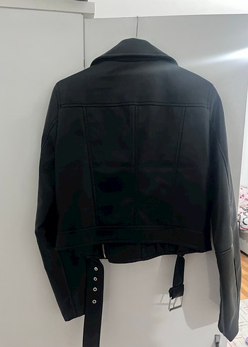 Siyah Deri Biker Ceket Kemerli - Görsel 3